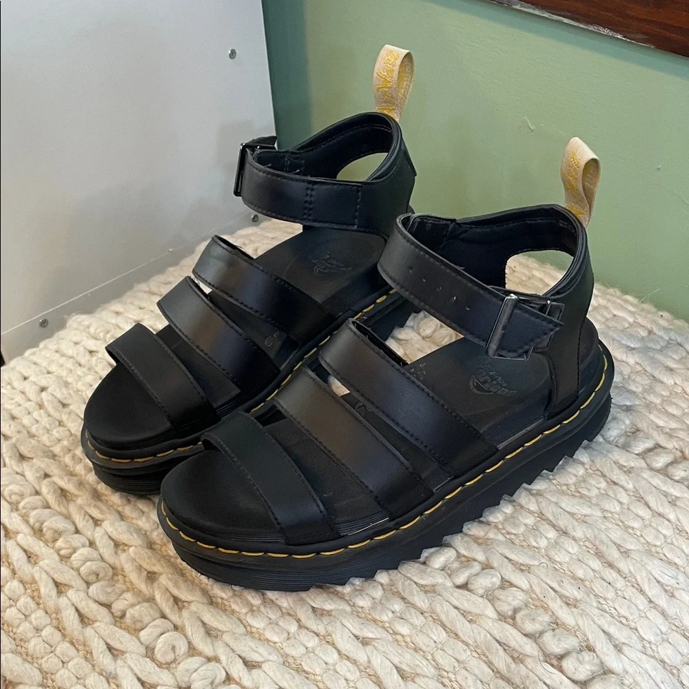 Dr. Martens Black Leather Gladiator Sandals with Yellow Stitching
